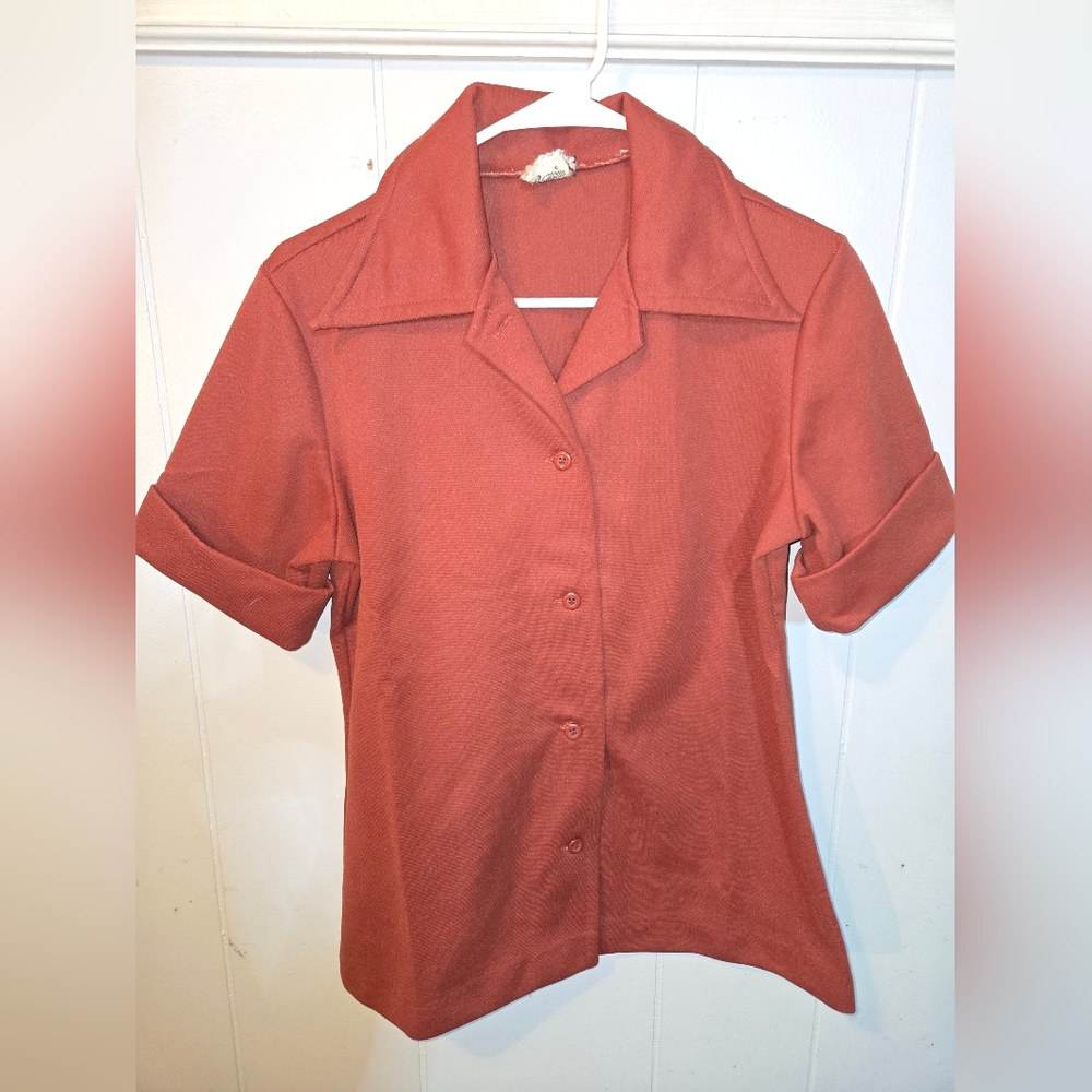 Womens Fortrel Vintage Blazer Top Short Sleeve Suit Blouse Rust Button-Up Medium